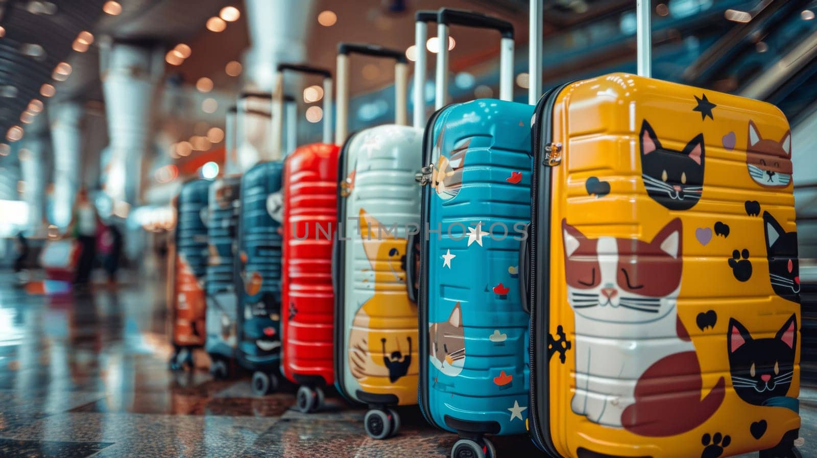 A row of colorful luggage with cats on them in a line, AI by starush