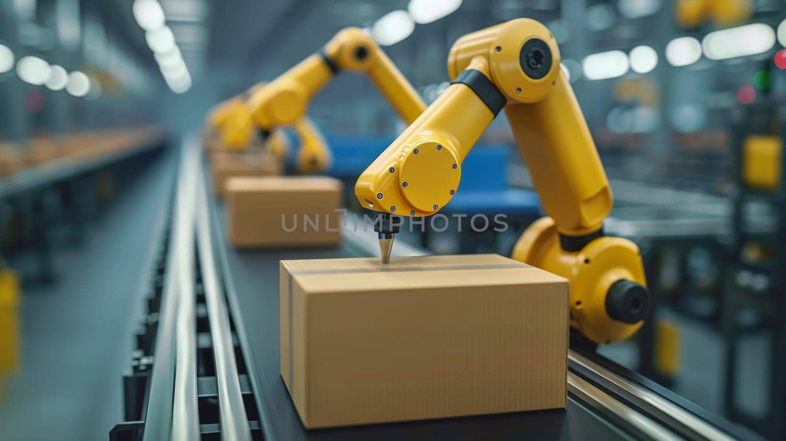 A robot is moving boxes on a conveyor belt