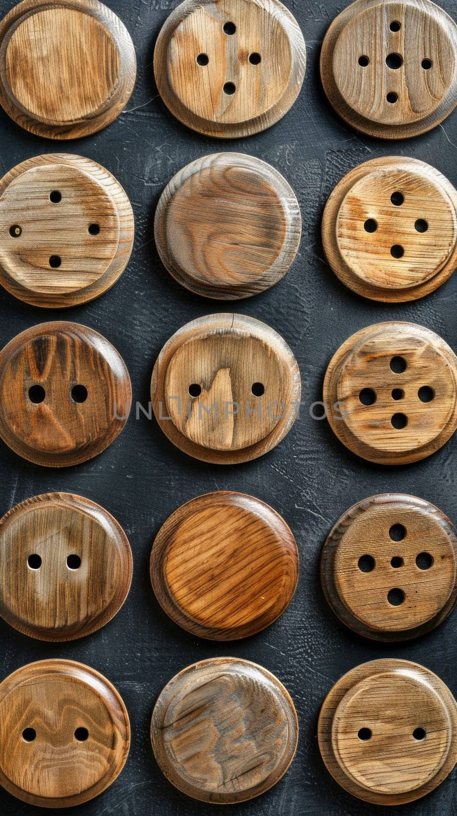 A bunch of wooden buttons are arranged on a black surface, AI by starush