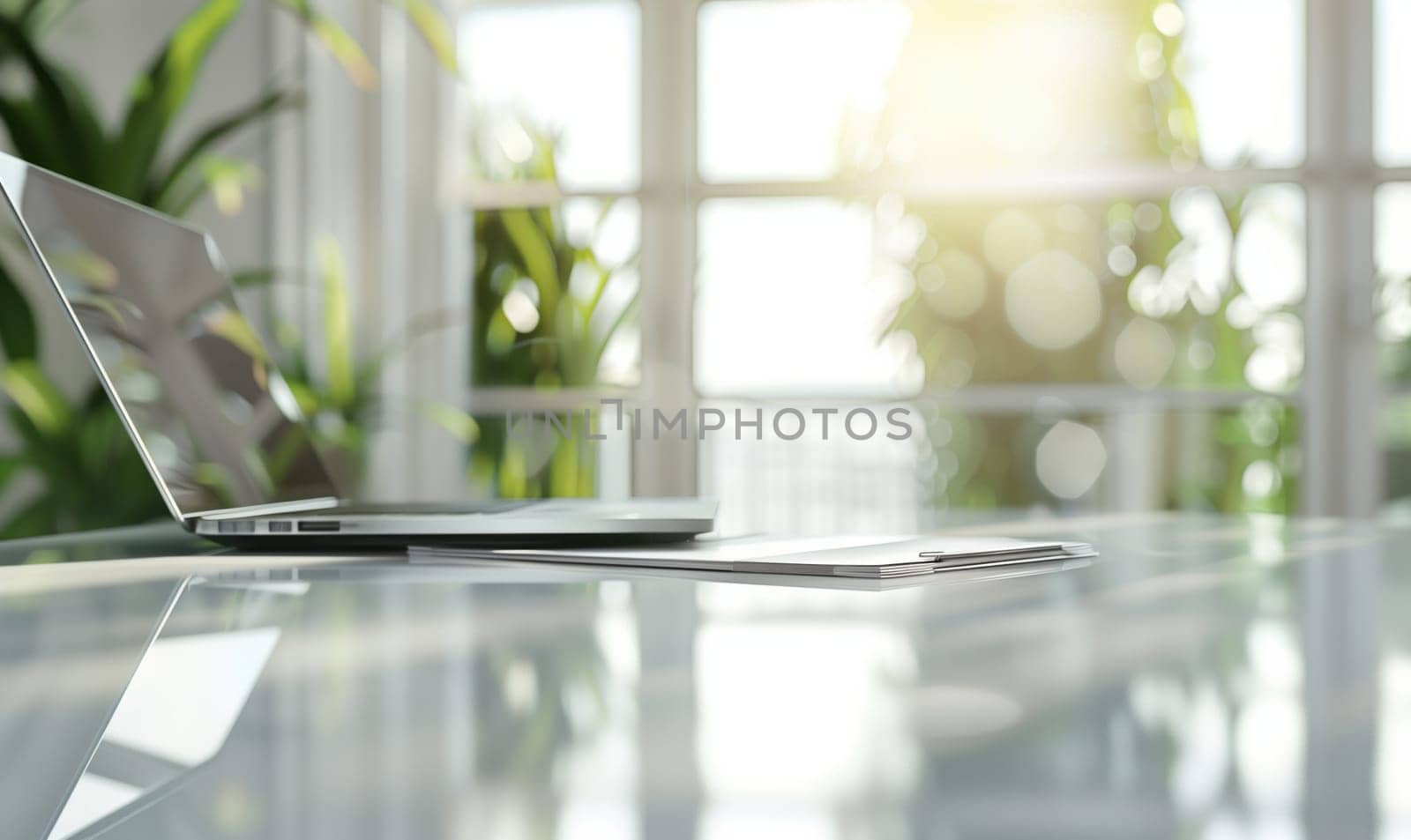 A laptop computer rests on a wooden table near a window, with sunlight streaming in. Outside, a lush green plant sits on the grasscovered ground