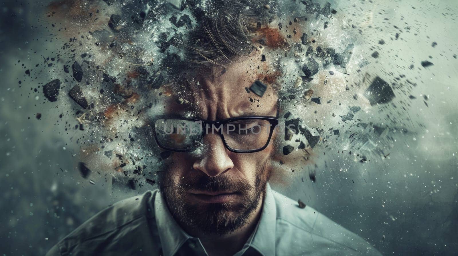 A man with glasses and a beard is being blown up by exploding glass, AI by starush