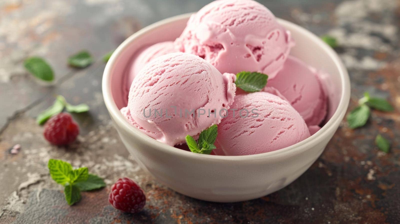 A bowl of ice cream with raspberries and mint leaves