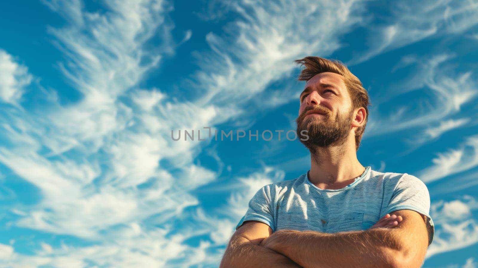 A man with arms crossed standing in front of a blue sky