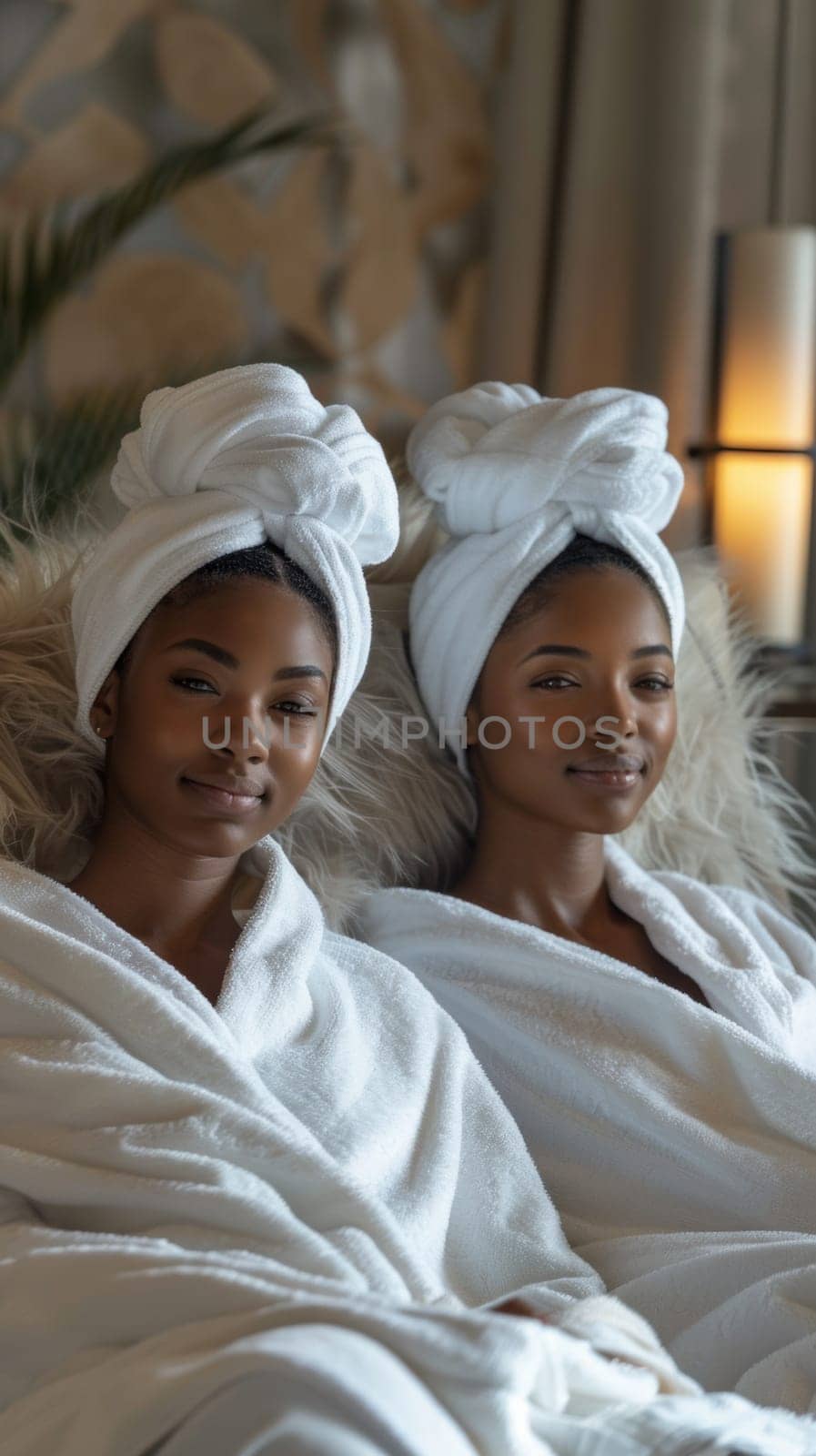 Two women are wrapped in towels and sitting on a couch