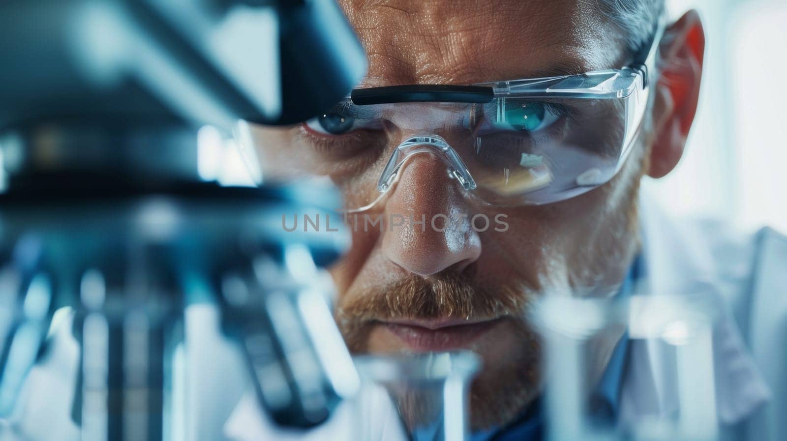 A man in lab coat looking at something through a microscope