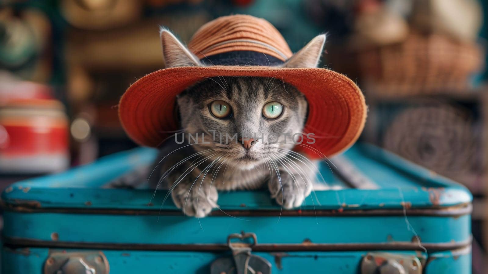 A cat wearing a hat sitting in an open suitcase, AI by starush