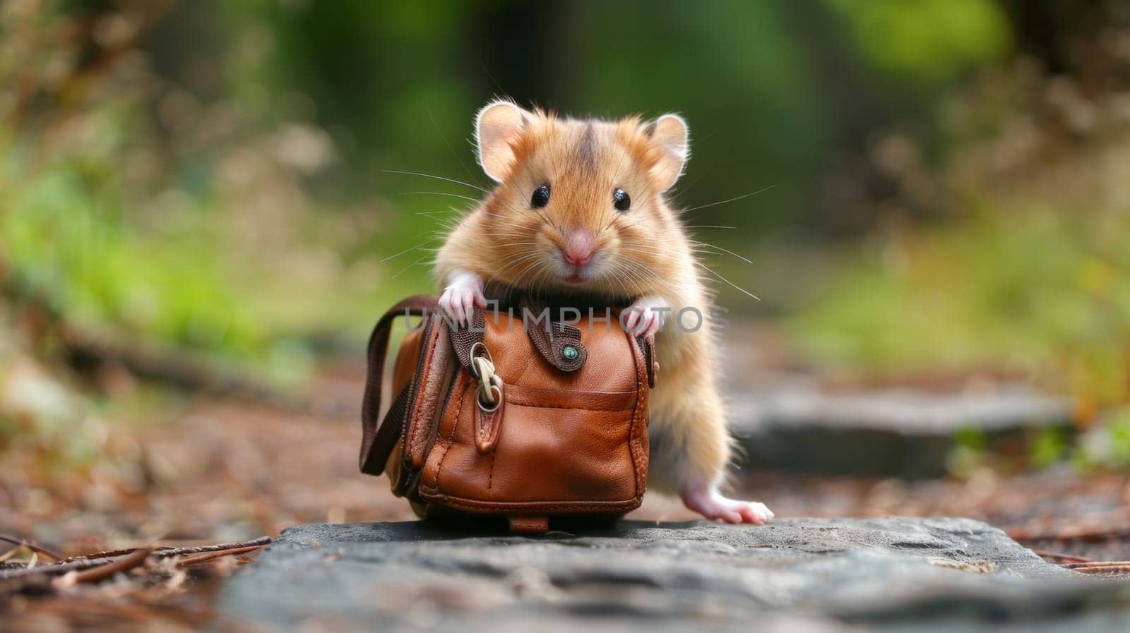A small brown and white hamster with a purse on its back