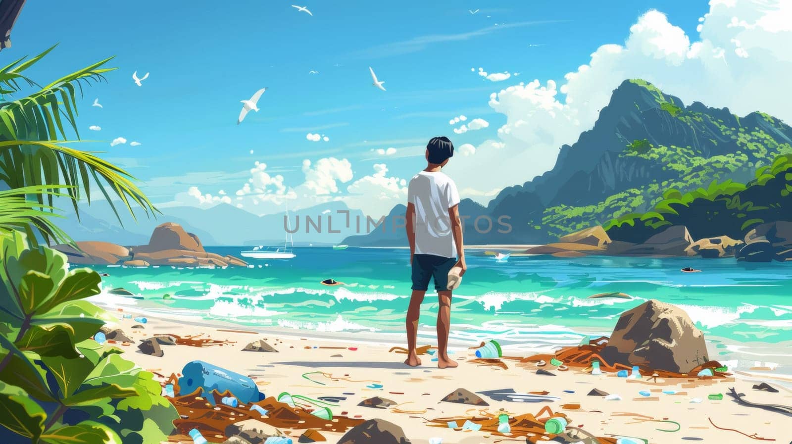 A man standing on a beach looking at the ocean, AI by starush