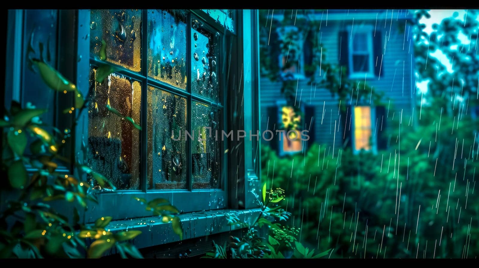 Warm indoor light filters through a rain-speckled window on a tranquil, blue-hued evening