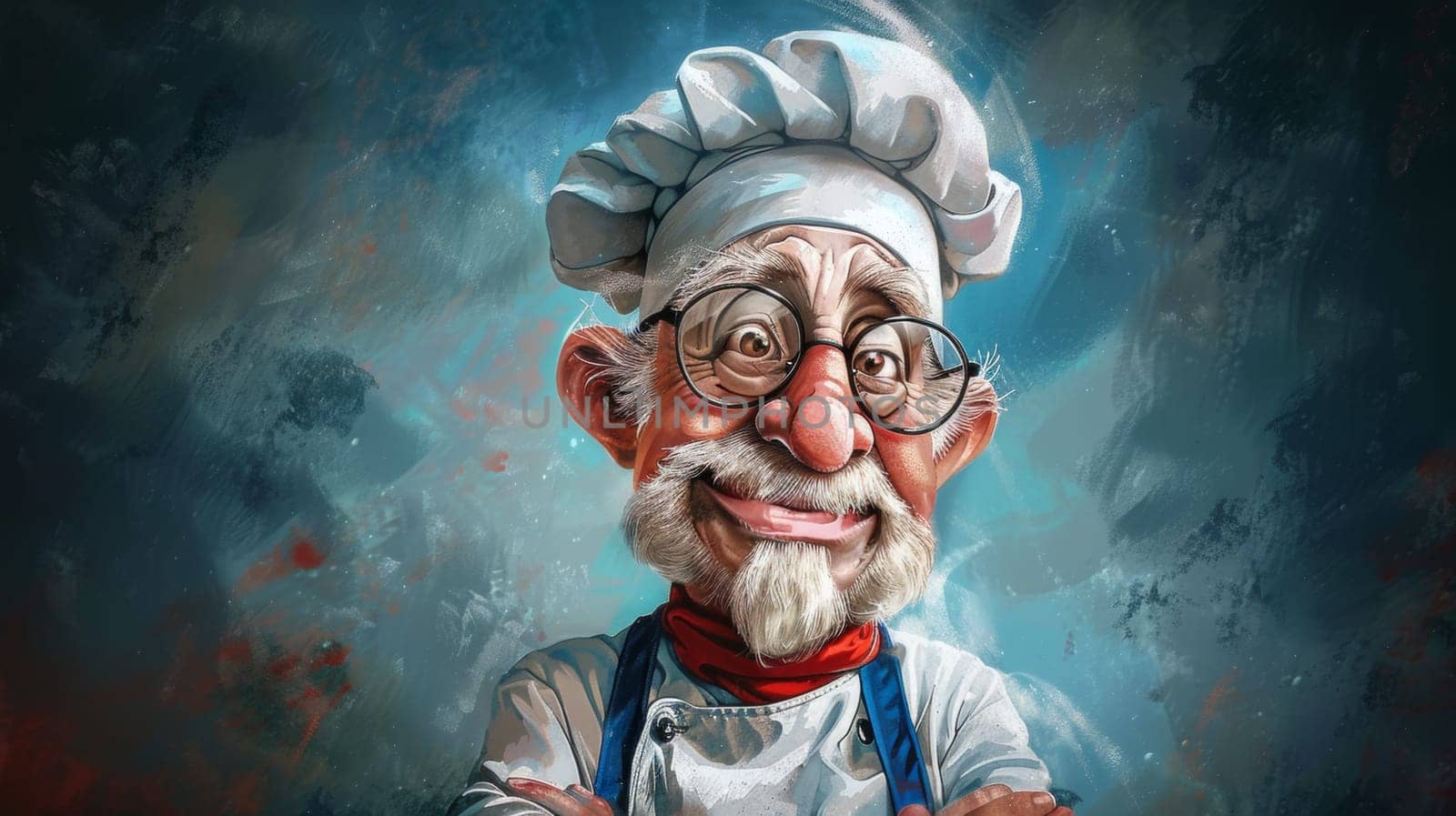 A painting of a cartoon style portrait of an old man