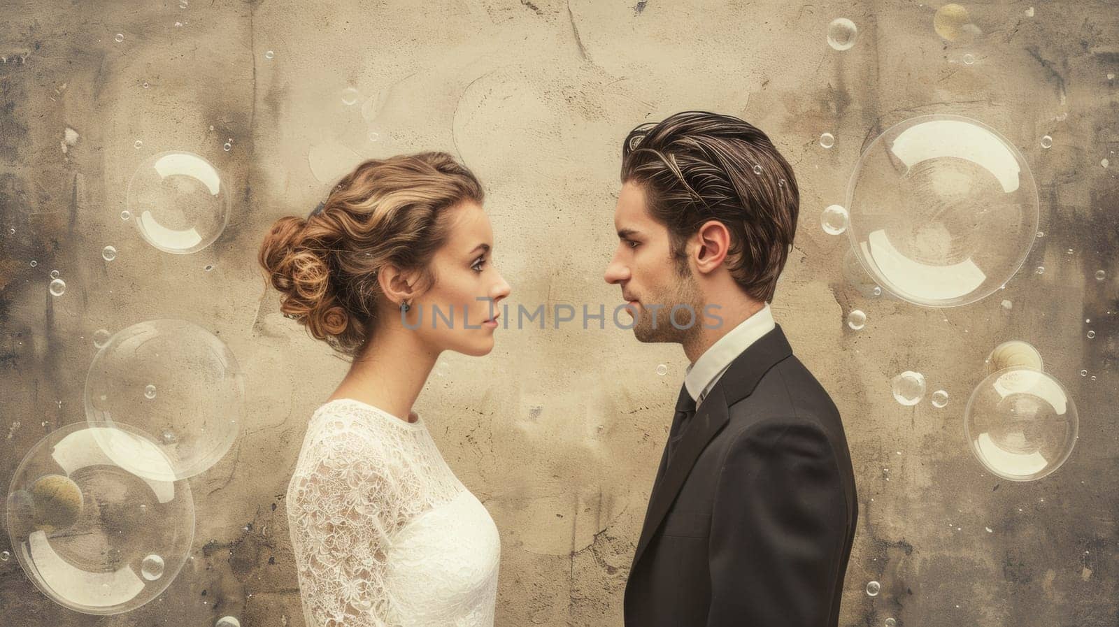 A man and woman in wedding attire standing next to each other