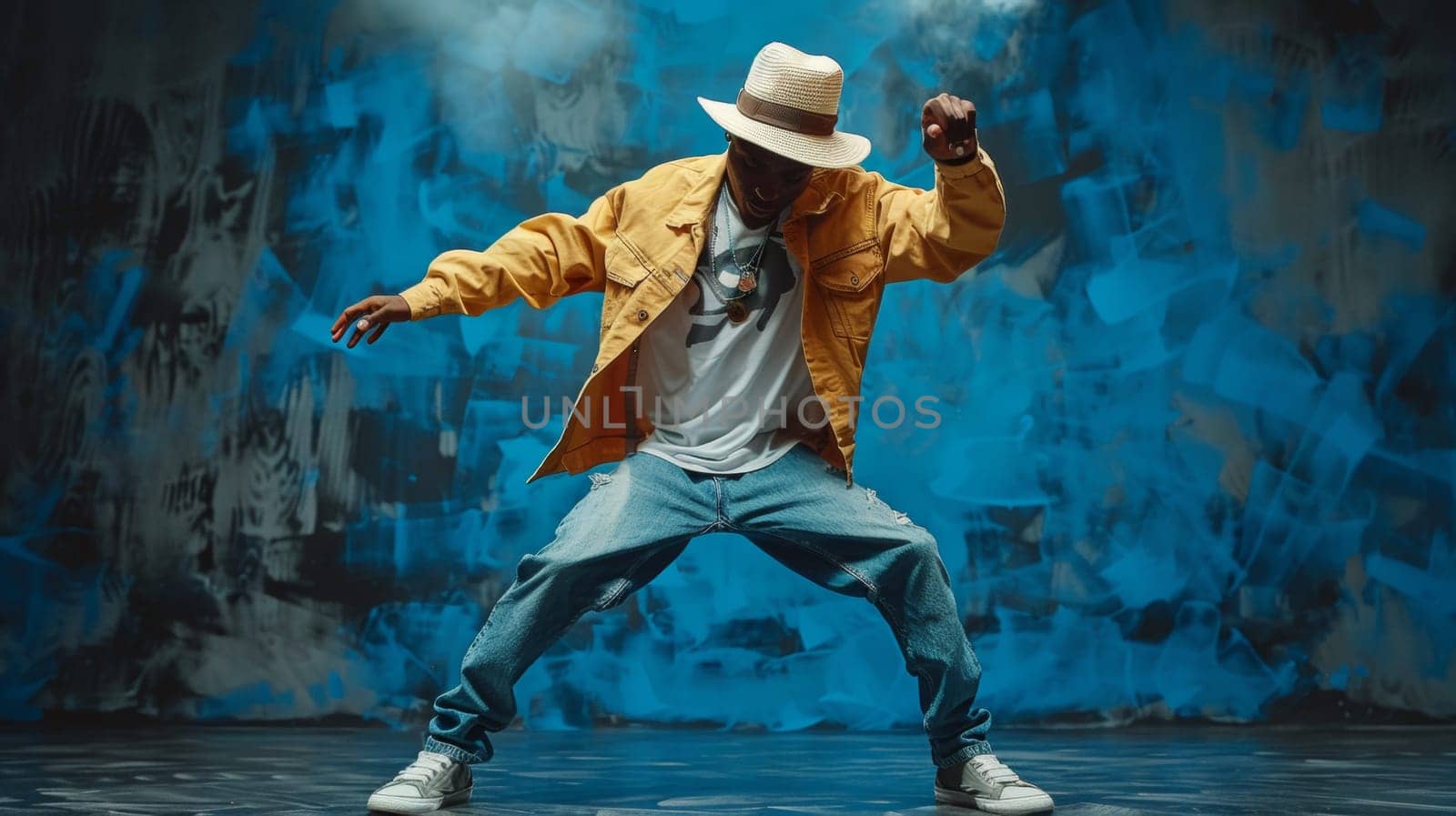 A man in a hat and jacket dancing on stage, AI by starush