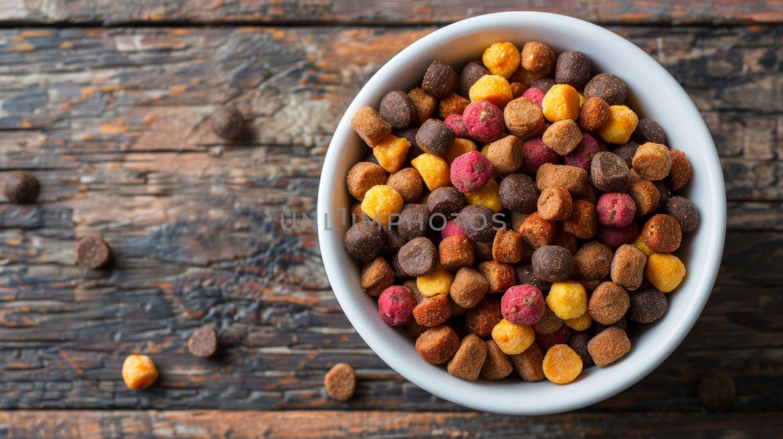 A bowl of dog food on a wooden table with other foods, AI by starush