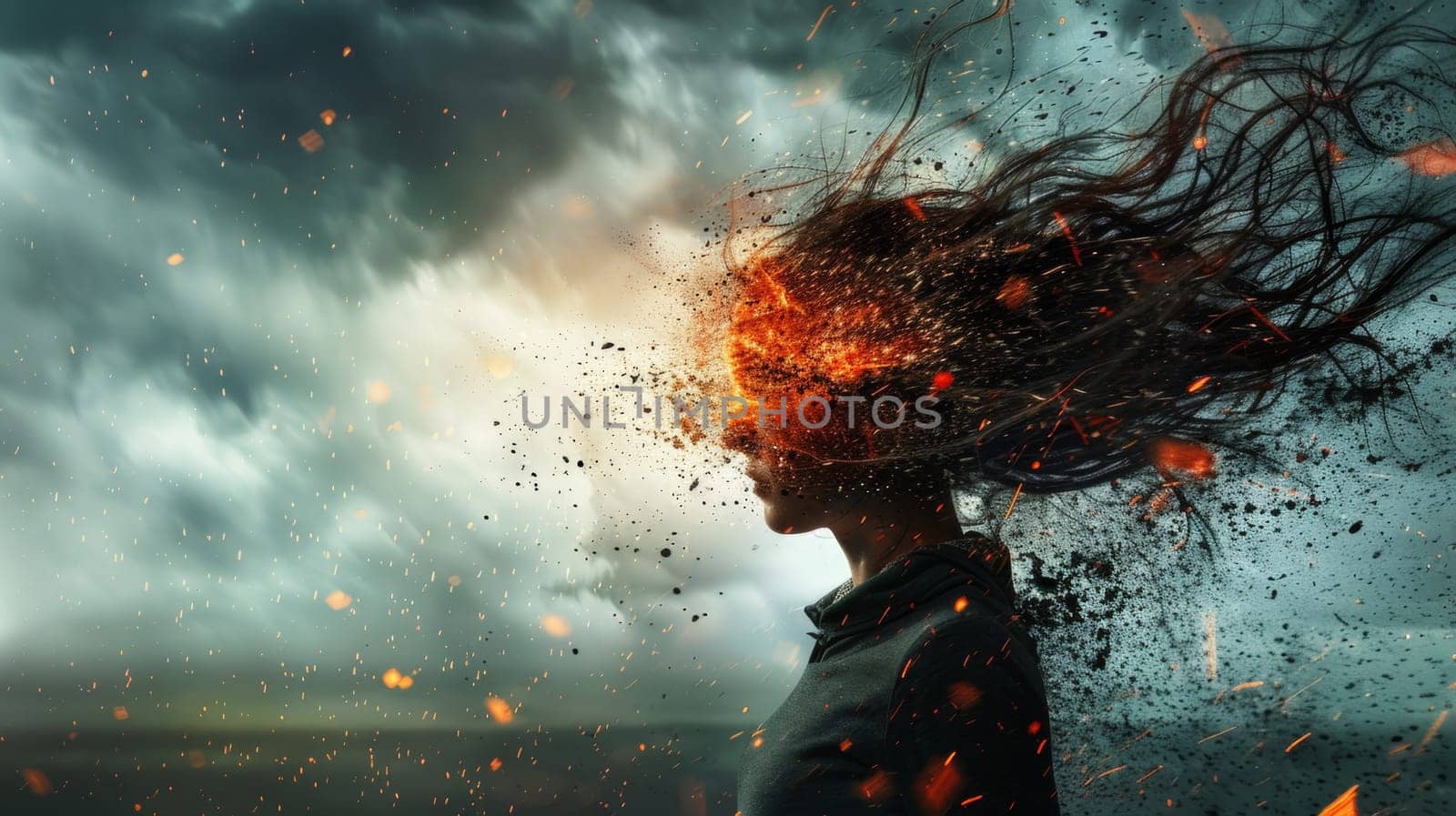 A woman with her hair blowing in the wind and a cloud of dust, AI by starush