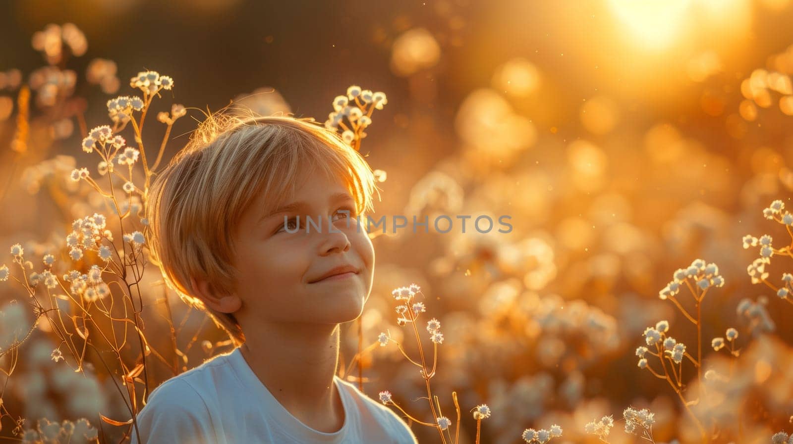 A young boy in a field of flowers smiling at the camera, AI by starush