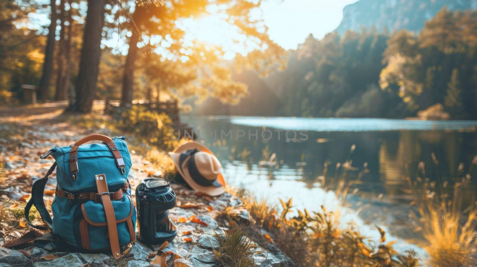 A backpack and hat sitting on the ground next to a lake, AI by starush