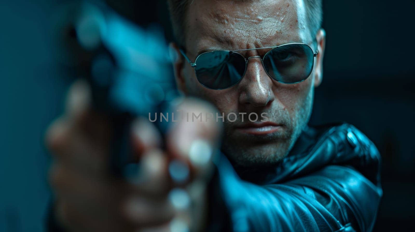 A man in sunglasses and leather jacket aiming a gun