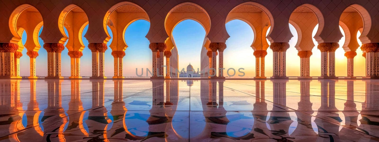 Panoramic view of a mosque at sunset with arches reflecting on glossy floor