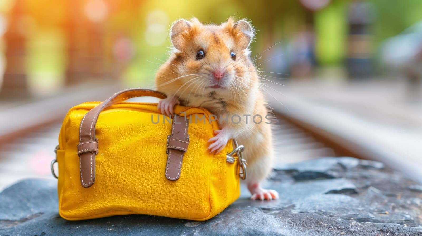 A hamster with yellow bag on a rock near train tracks
