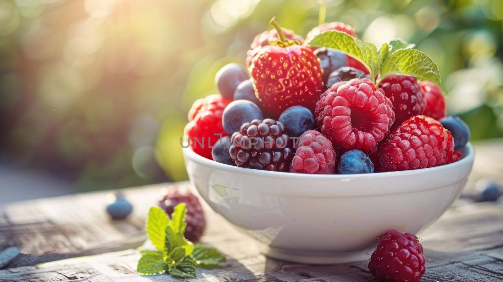 A bowl of berries on a table with mint leaves