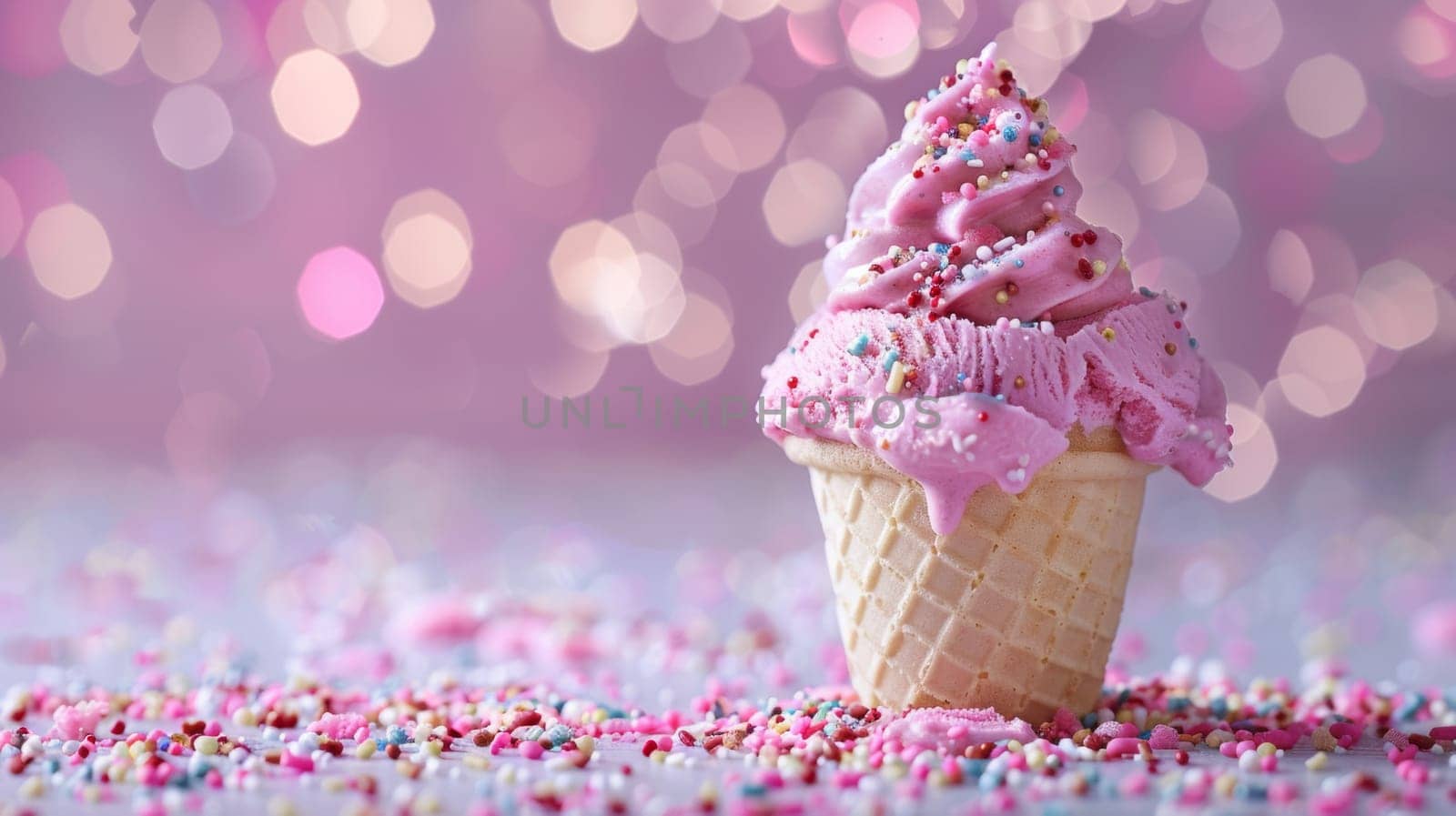 A close up of a ice cream cone with pink frosting, AI by starush