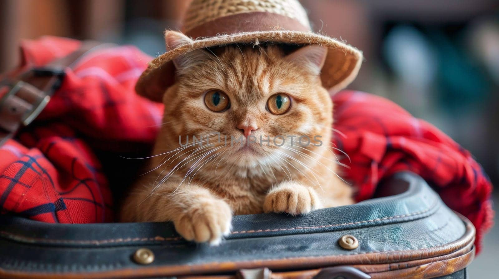 A cat wearing a straw hat sitting in an open suitcase