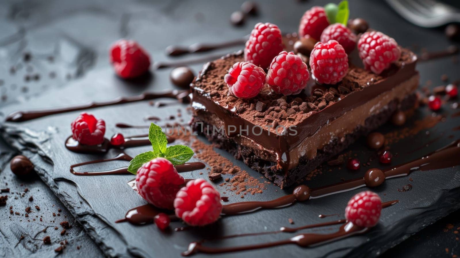 A piece of a chocolate cake with raspberries on top