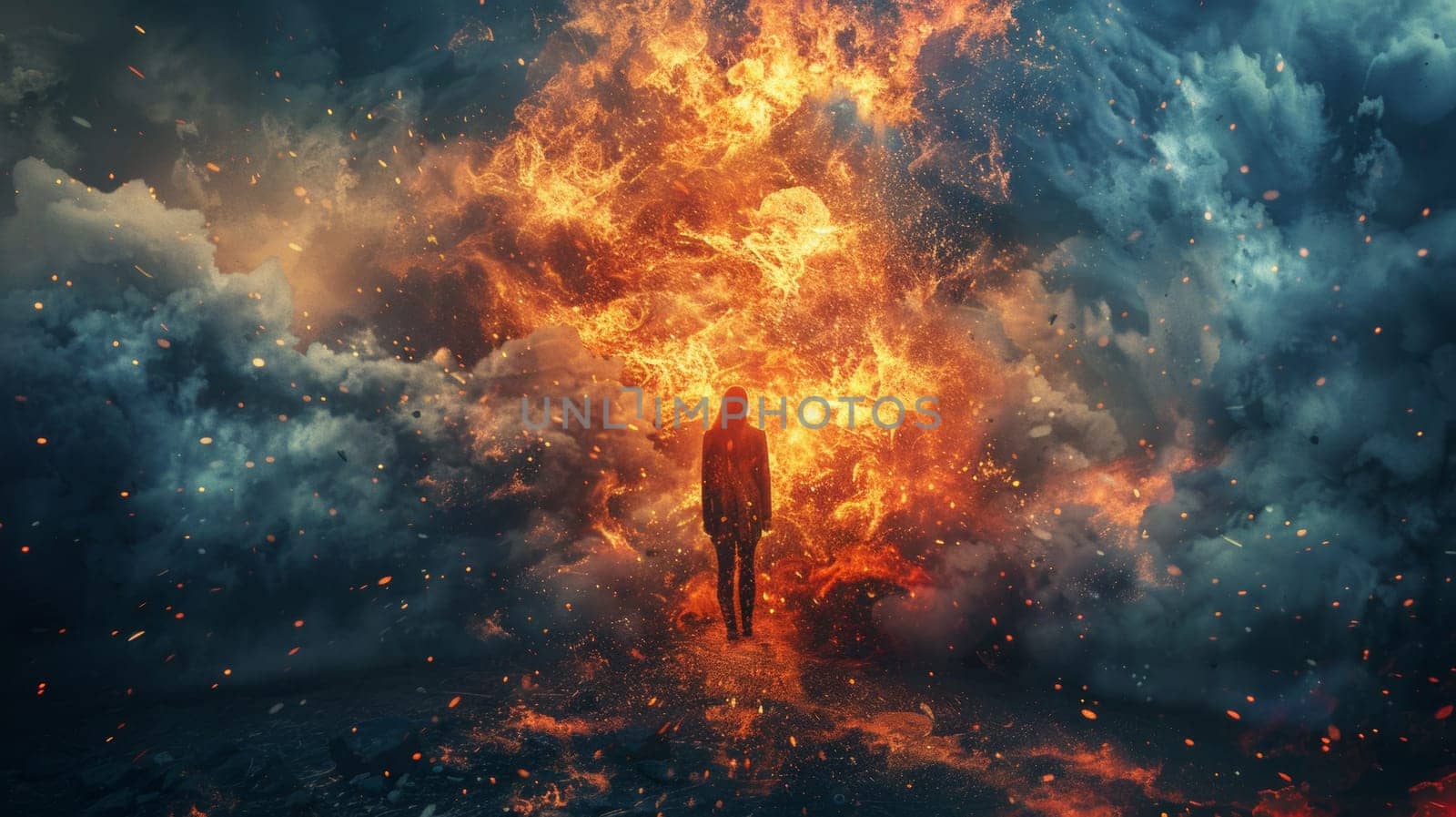 A person standing in front of a fire and clouds