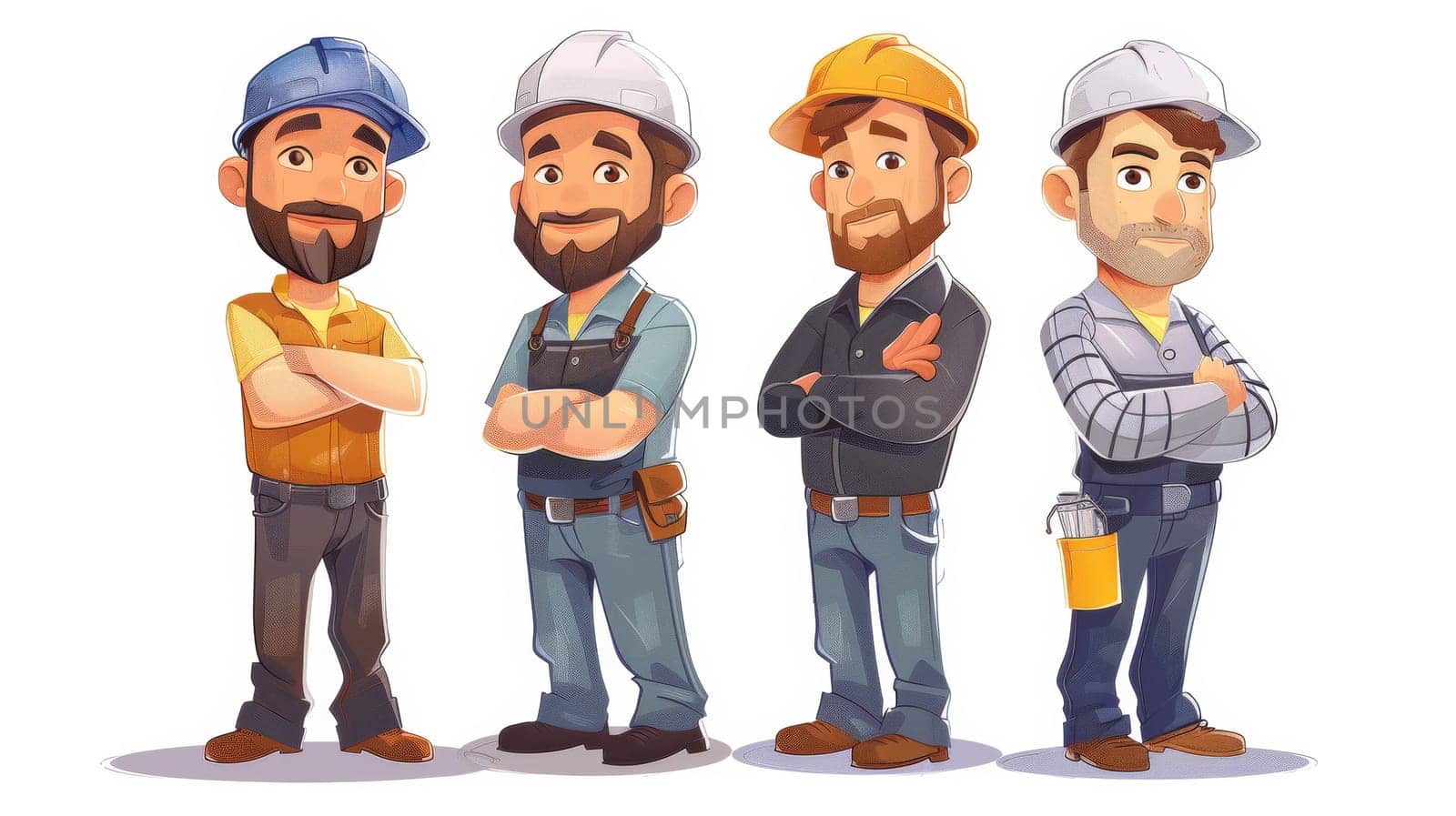 A cartoon construction workers with different hats and facial expressions, AI by starush