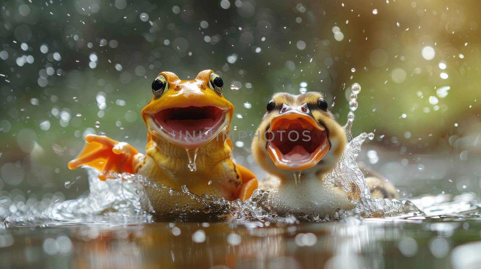 Two frogs are splashing in the water with their mouths open, AI by starush