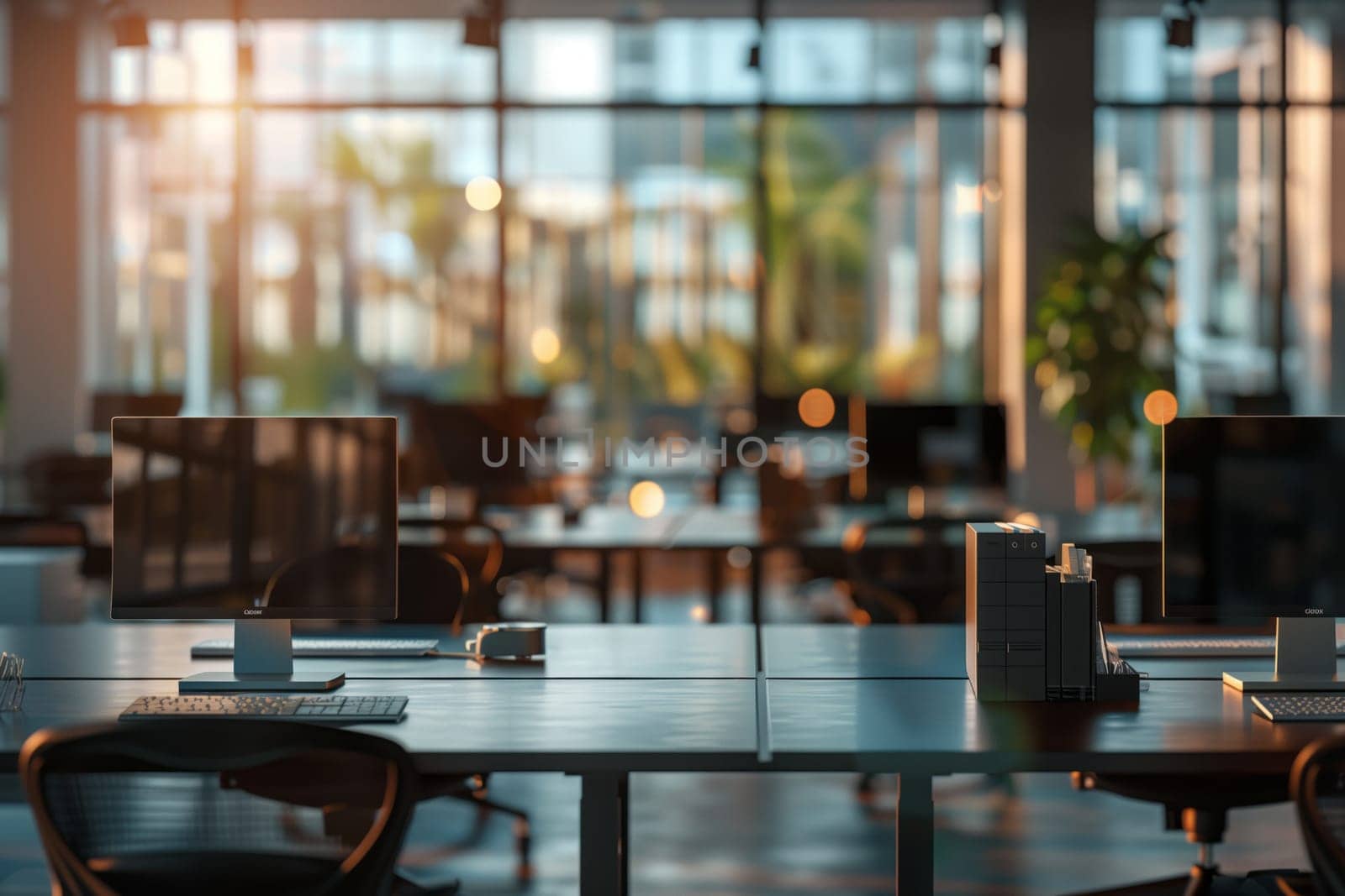 An office space in a modern building, featuring tables and chairs made of wood and metal fixtures. The room has glass walls, with city views, and sleek flooring