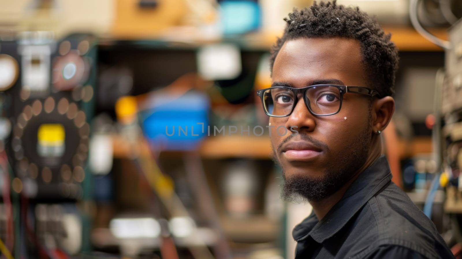 A man with glasses and a black shirt in front of some electronics