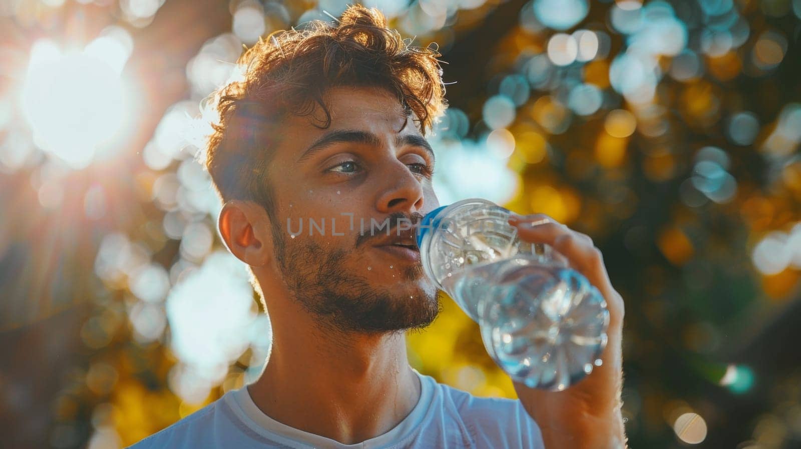 A man drinking water from a bottle while outdoors, AI by starush