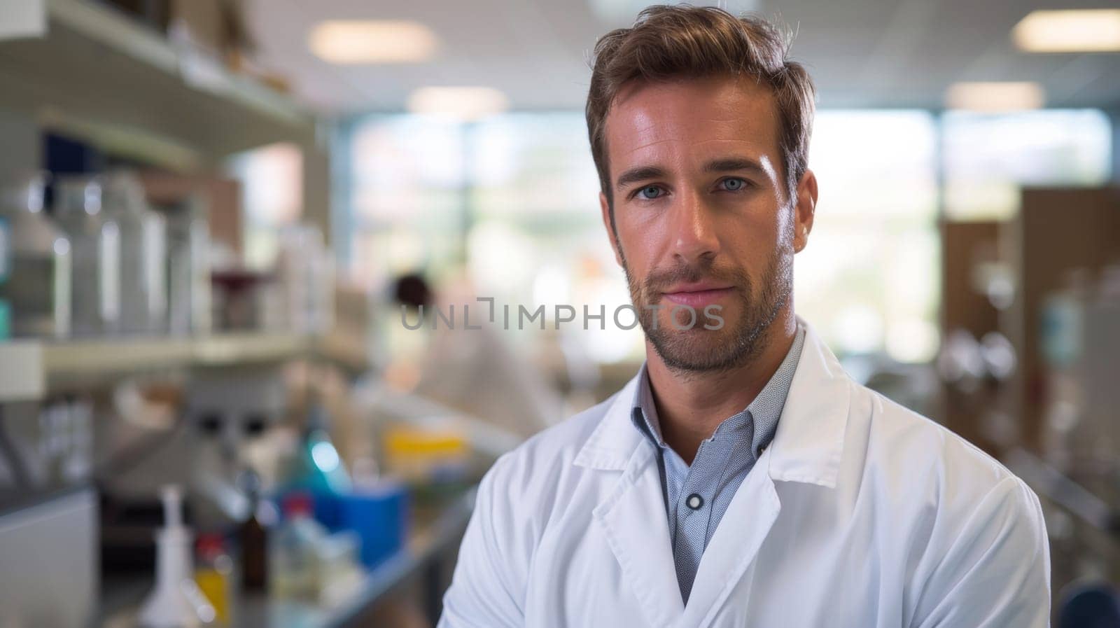 A man in lab coat standing with arms crossed and looking at camera