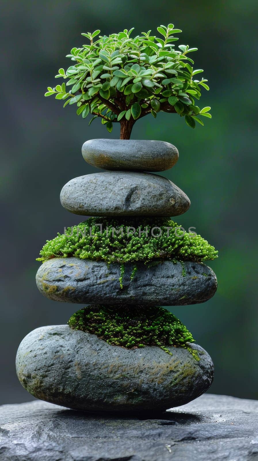 A tree is growing on top of rocks in a garden, AI by starush