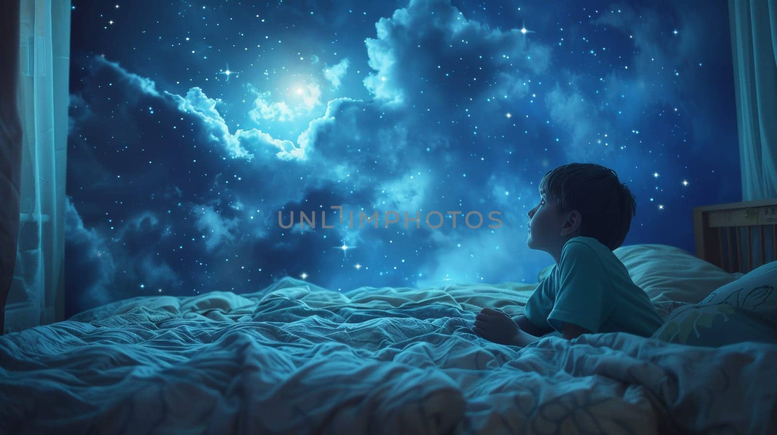 A young boy laying in bed looking at the stars and moon, AI by starush