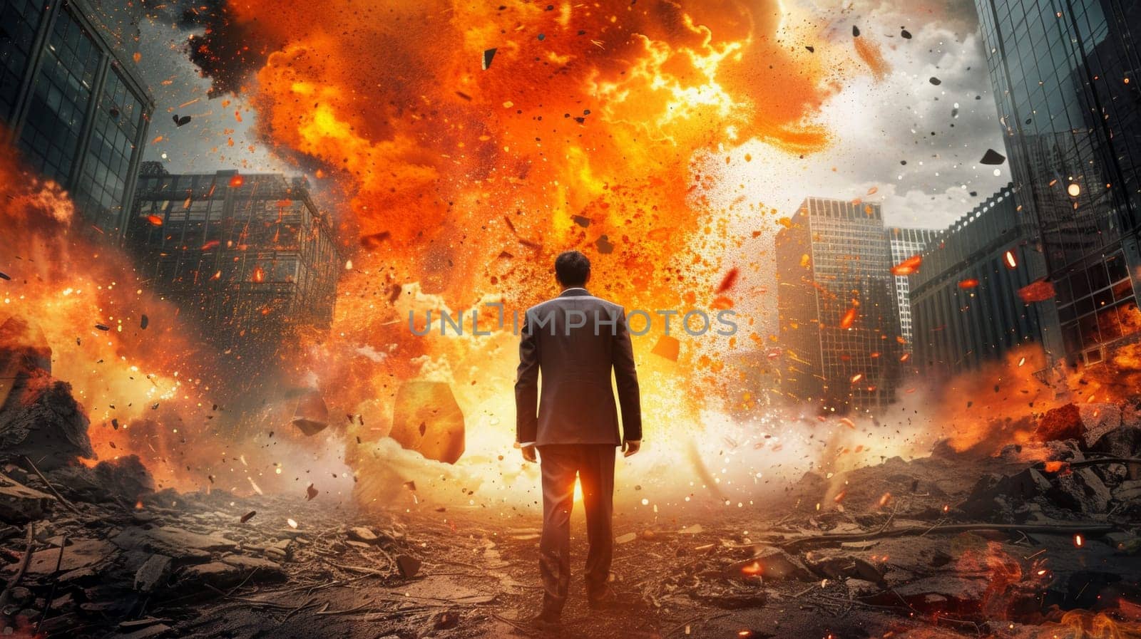 A man in a suit walking through an explosion of fire
