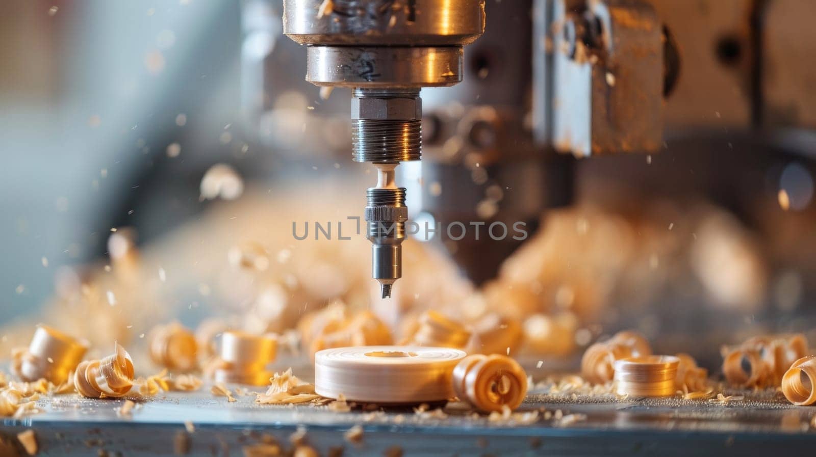 A machine is cutting a piece of wood with metal parts