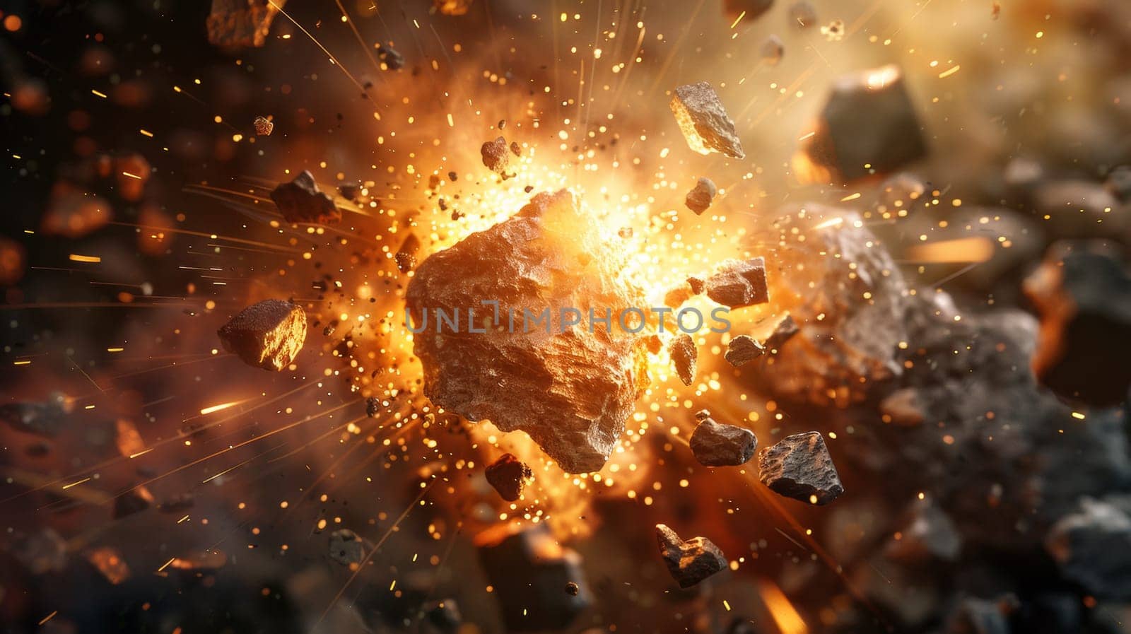 A close up of a large explosion with lots of rocks, AI by starush