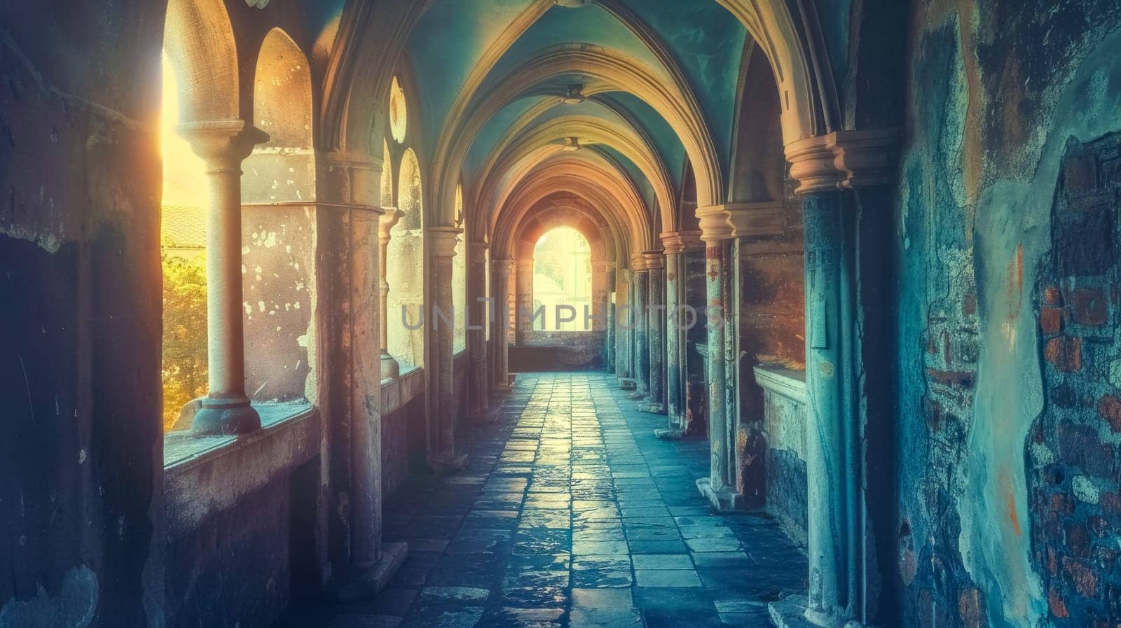 Warm sunlight filters through an arched walkway in an old stone cloister
