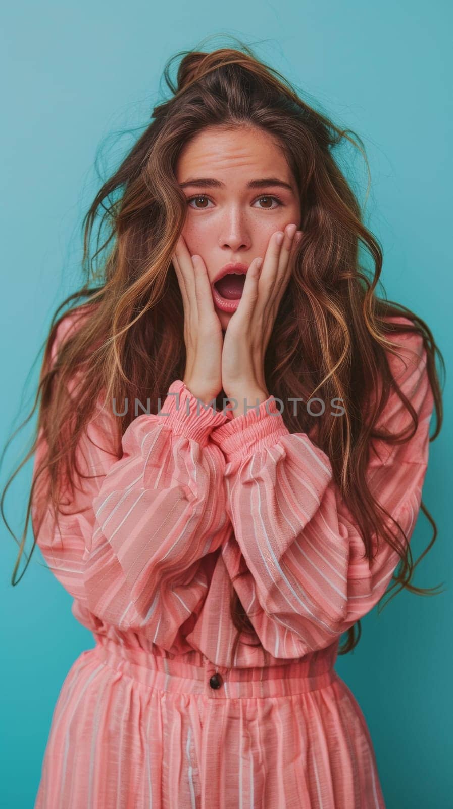 A woman in a pink dress covering her mouth with both hands, AI by starush