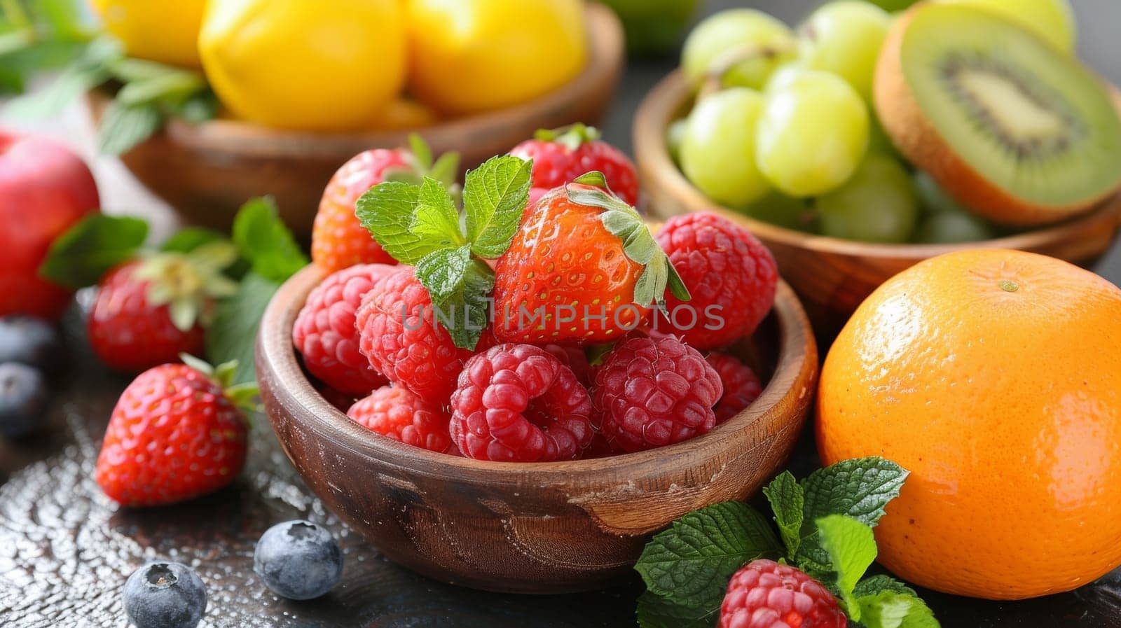A table with bowls of fruit and a bowl full of berries, AI by starush