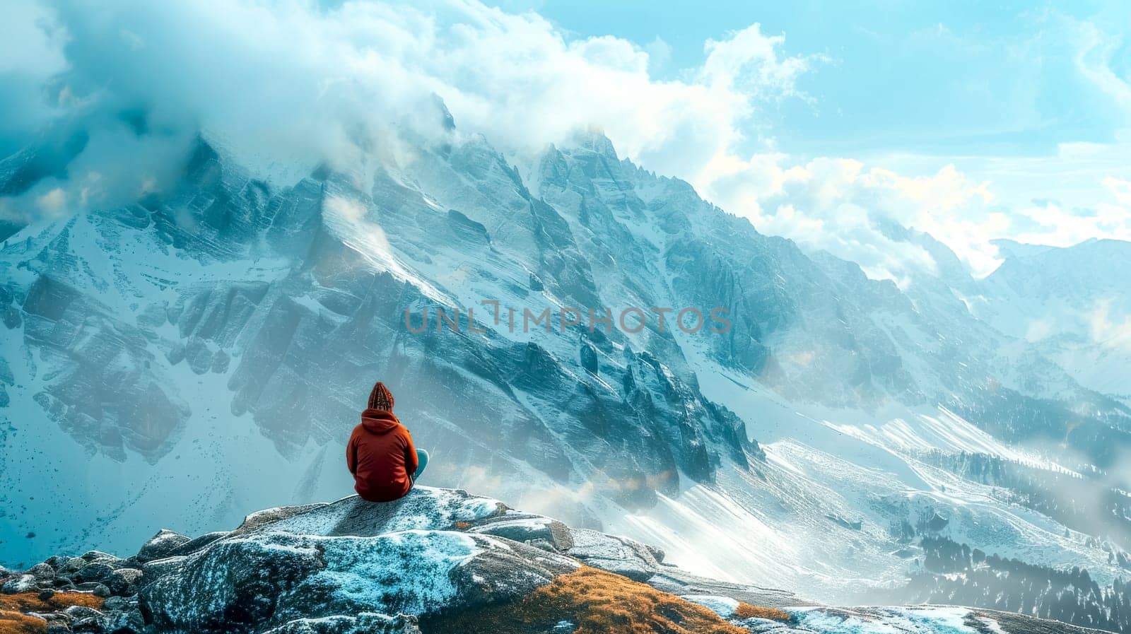Person in a red jacket sitting on a rock, overlooking snow-covered peaks