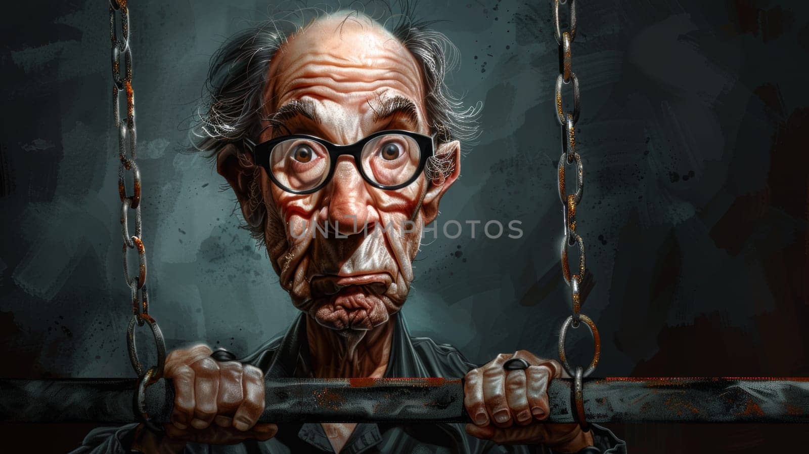 A cartoon of a man with glasses and an old face is chained to the bars, AI by starush