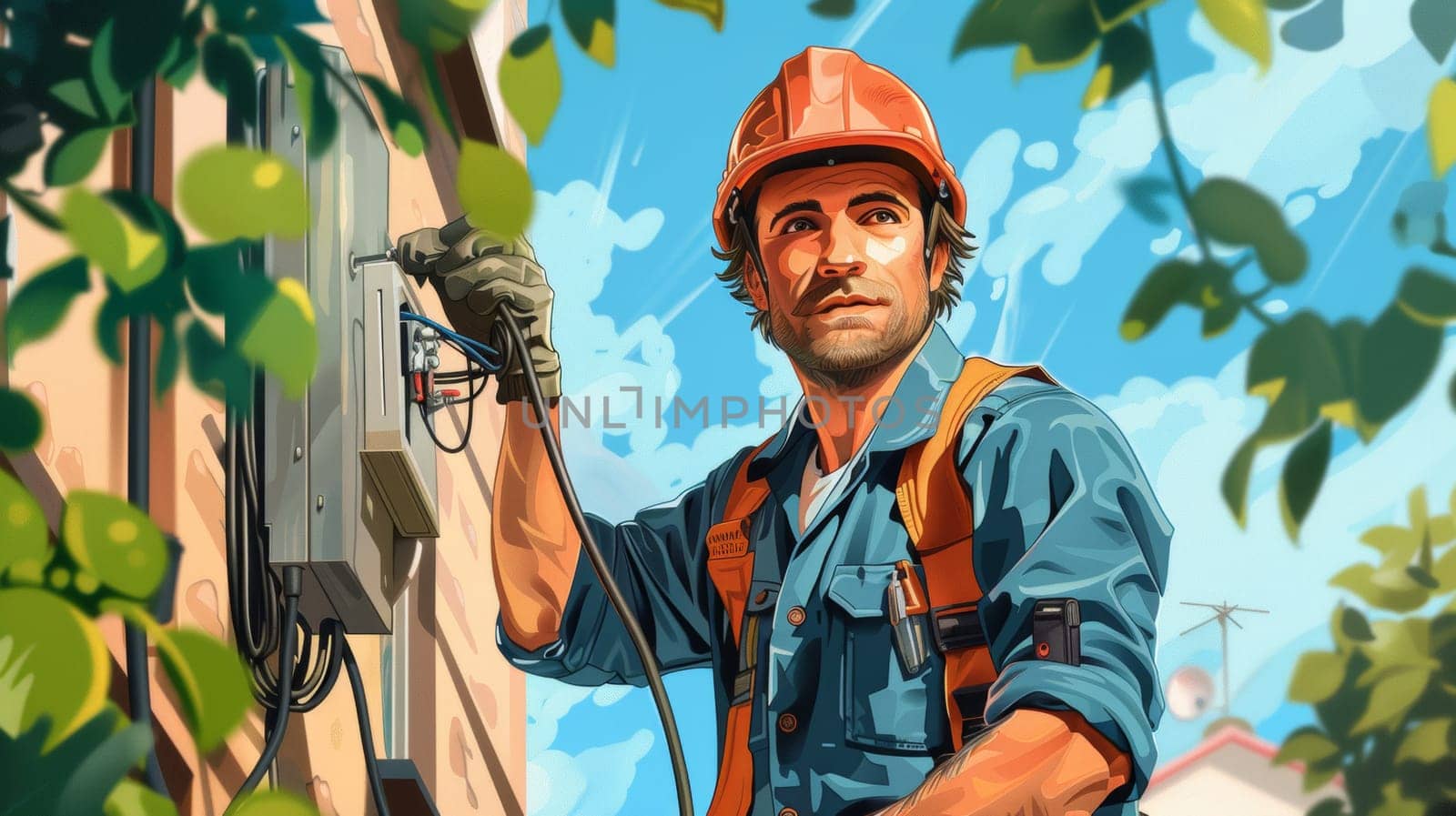 A painting of a man in an orange hard hat working on the side of a house