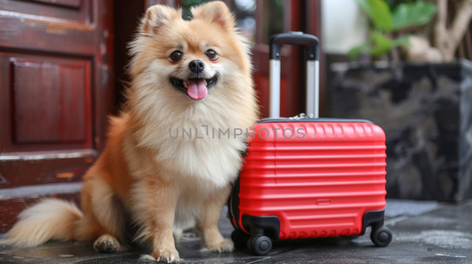 A small dog sitting next to a red suitcase on the floor, AI by starush