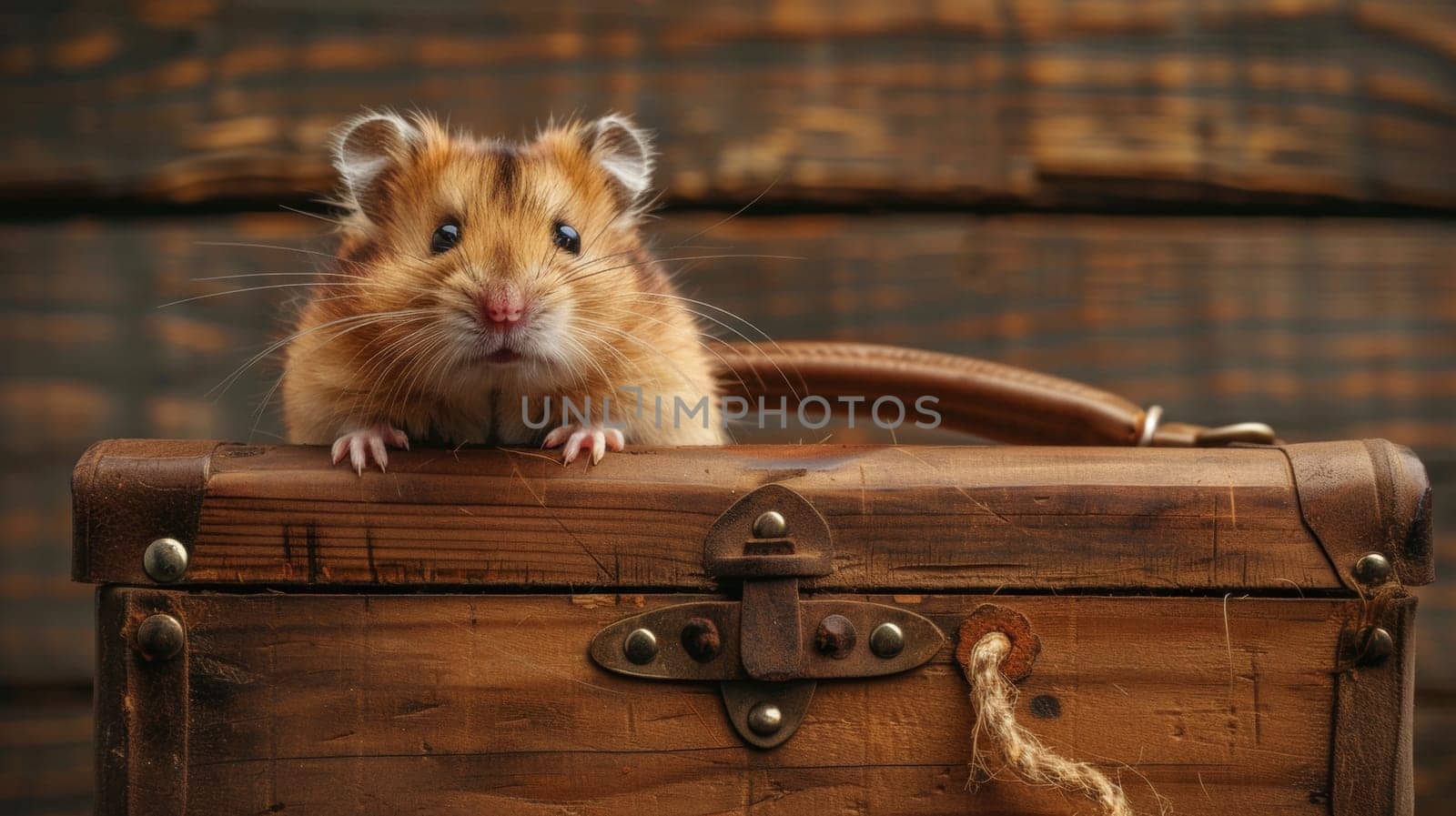 A brown and white hamster sitting on top of a wooden box