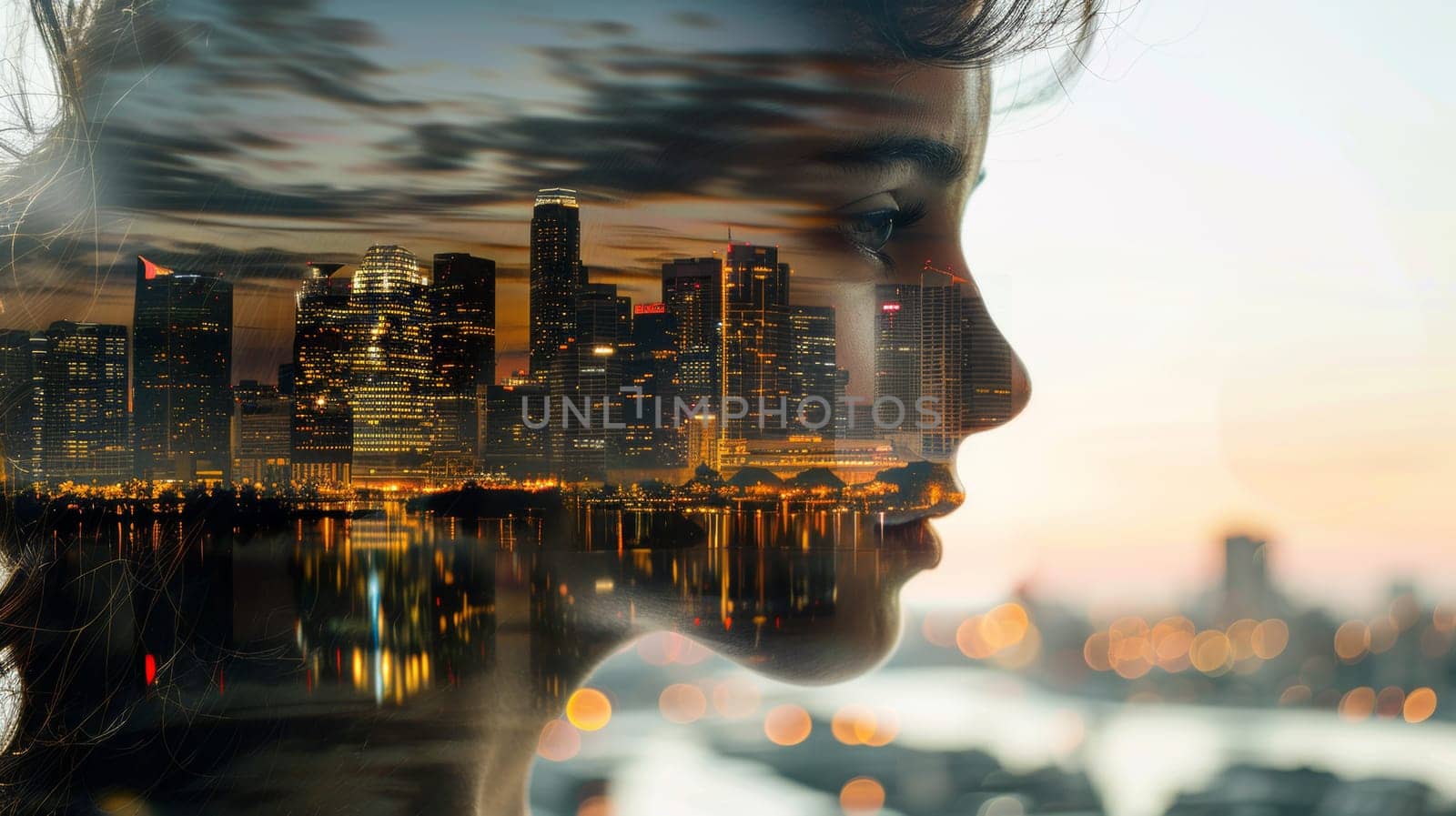 A double exposure of a woman's face with city lights in the background