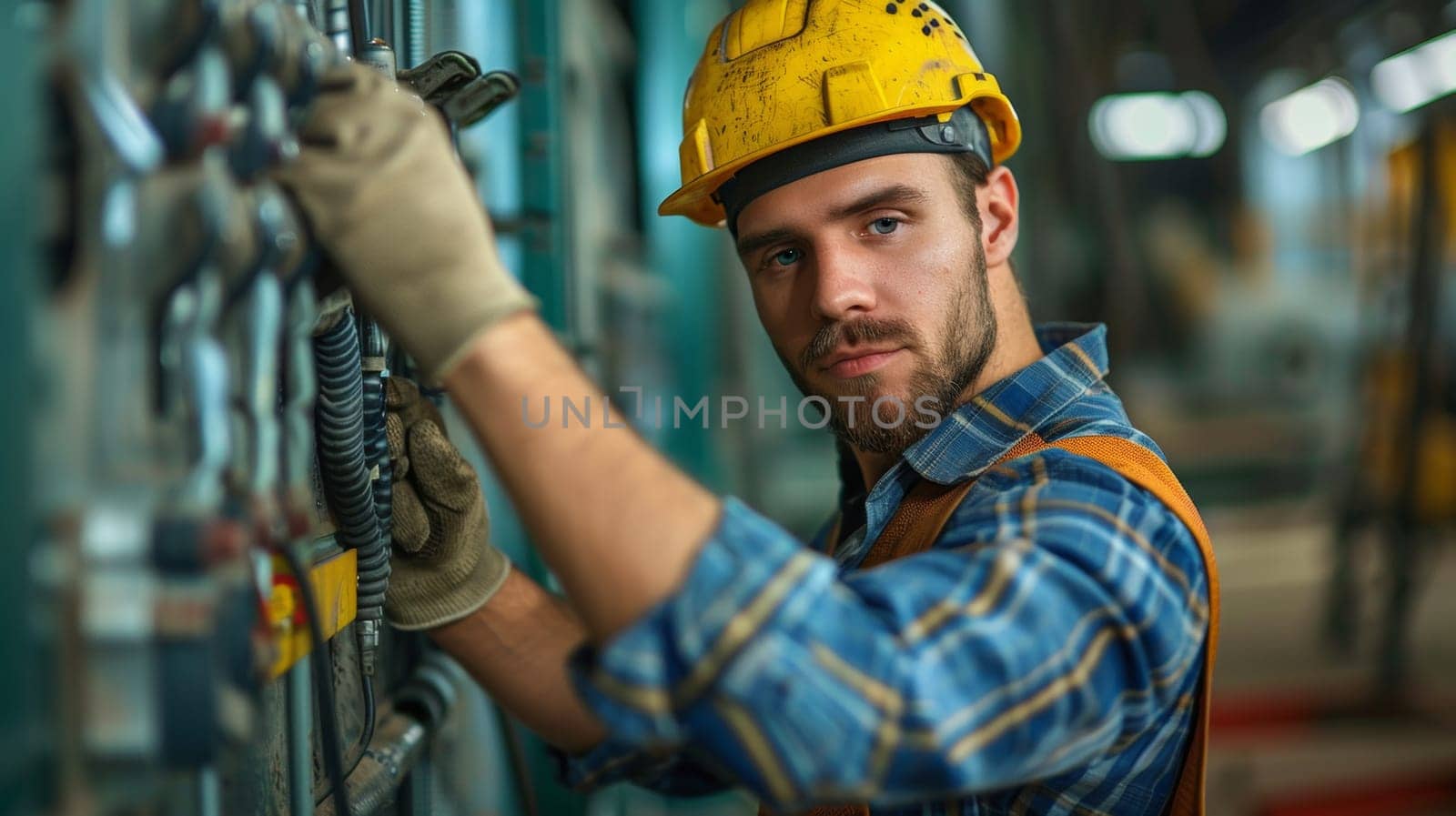 A man in a hard hat working on some wires, AI by starush