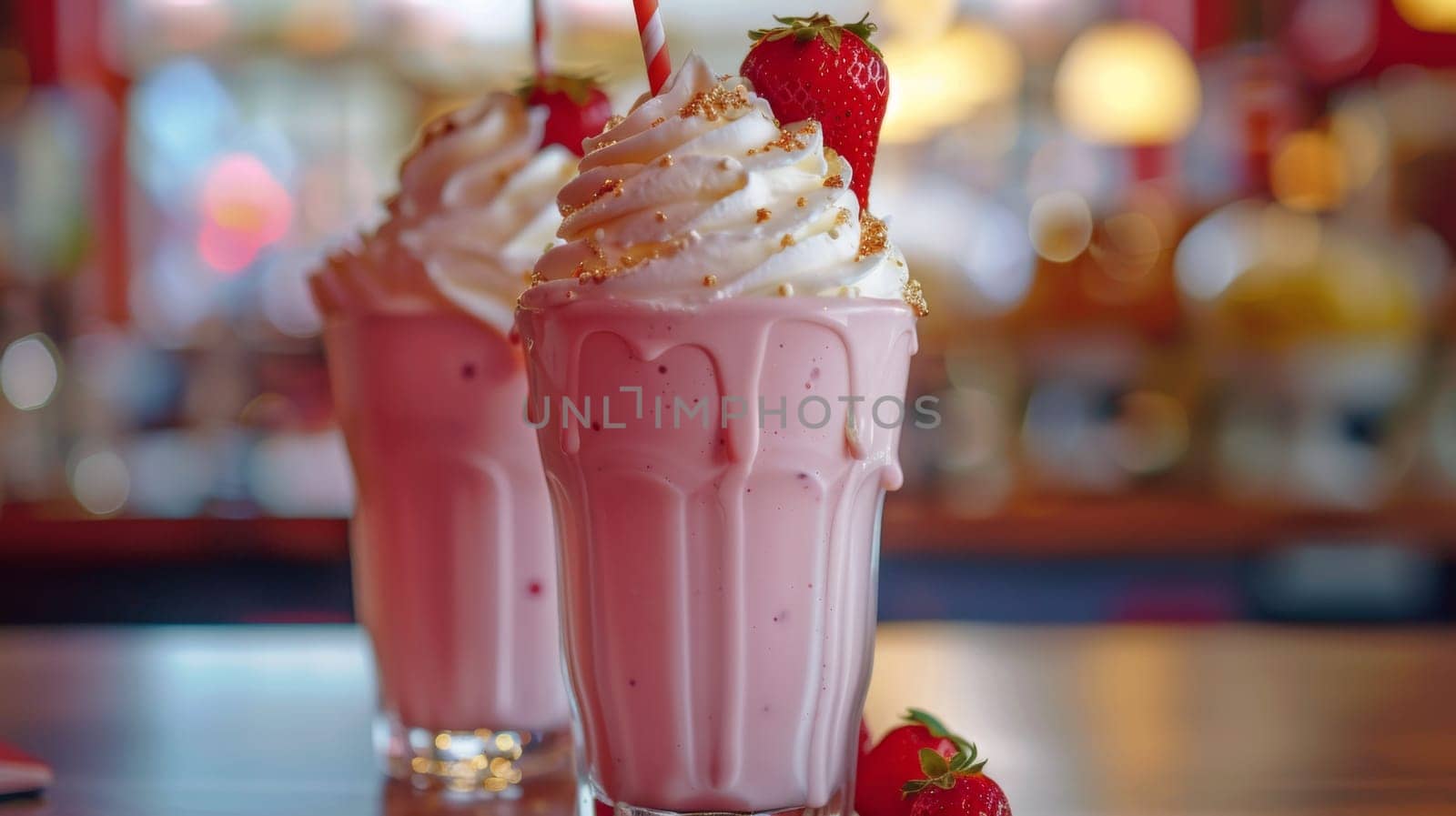 Two milkshakes with whipped cream and strawberries on a table